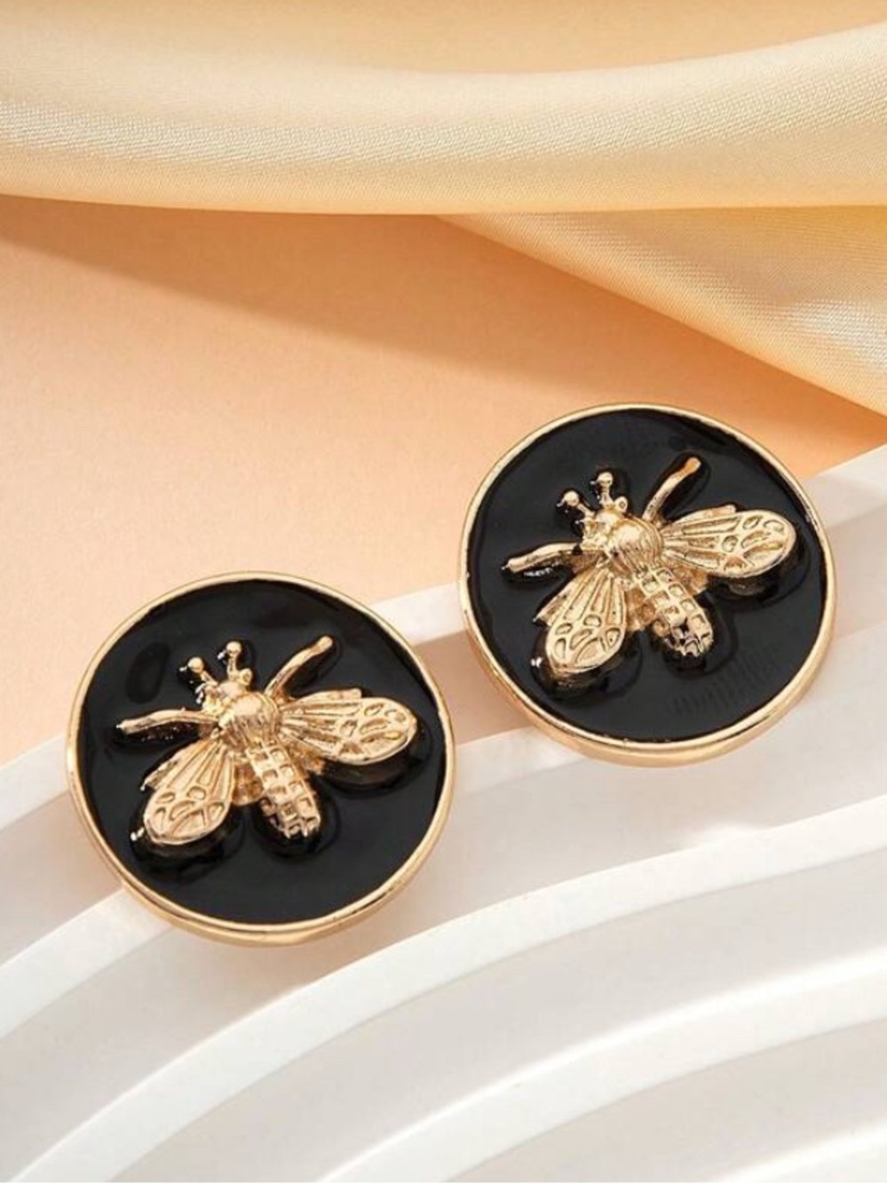 Gold Bee Black Enamel Stud Earrings